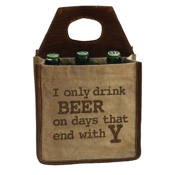 Beer Carrier Cooler Faux Leather Distressed Gift For Man Party 6 Pack Canvas - Picture 1 of 9